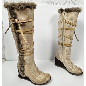 Miz Mooz Beige Leather Faux Fur Knee High Birdie Wedge Heel Boots